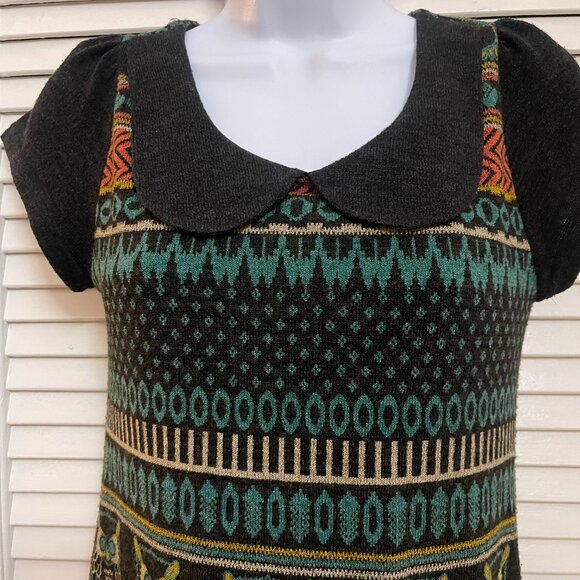 Gracia BOHO Owl Print Knit Dress  S  Pockets & Collar - Picture 2 of 8